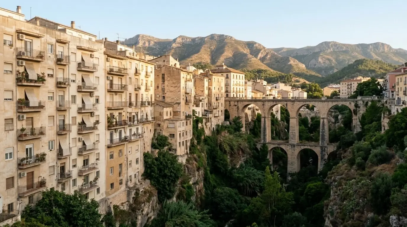 Edificios de pisos antiguos de Alcoy con balcones y persianas enrollables, con la sierra al fondo