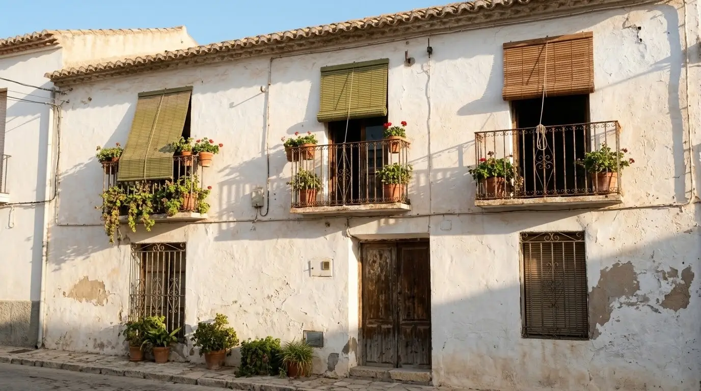Fachada encalada de una casa de pueblo de Alicante con persianas alicantinas de madera a medio bajar en los balcones