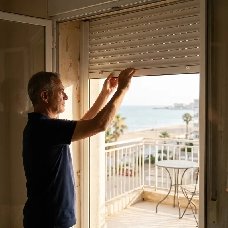 Hombre de unos cincuenta años abriendo la persiana del balcón de un apartamento con vistas al mar