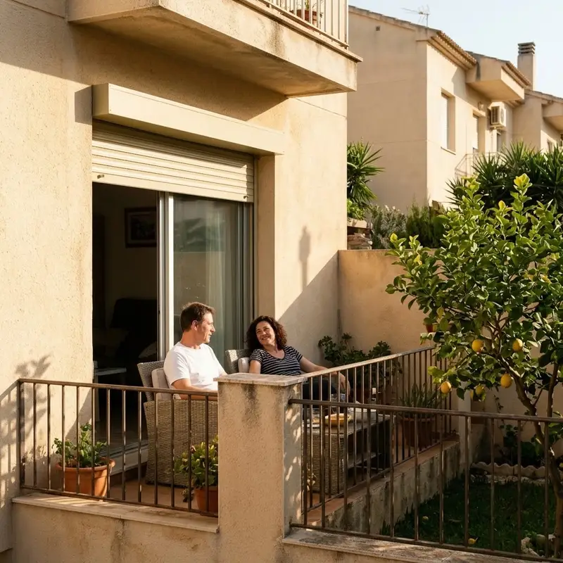 Pareja de mediana edad en la terraza de su adosado con las persianas de aluminio subidas