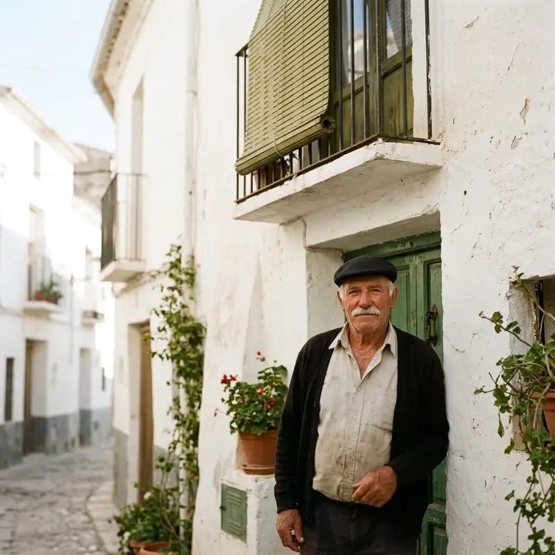 Hombre de unos setenta años en la puerta de su casa de pueblo con una persiana alicantina en el balcón de arriba