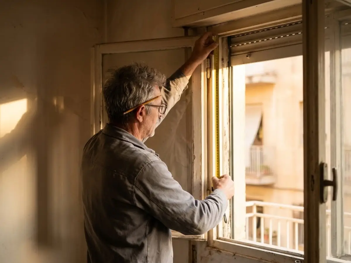 Persianista midiendo con un metro el ancho del hueco de una ventana desde dentro de una vivienda