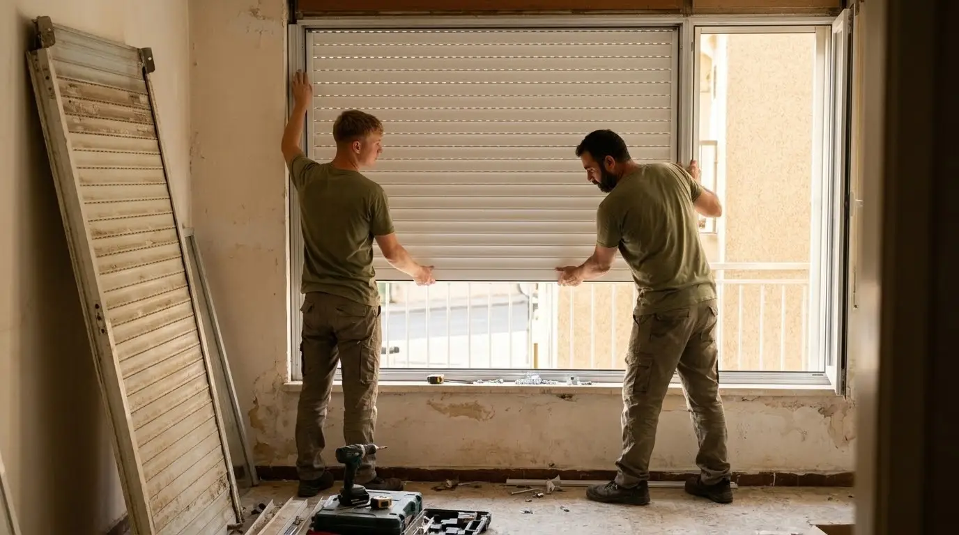 Dos persianistas con ropa de trabajo lisa colocando una persiana nueva de aluminio en la ventana de un adosado