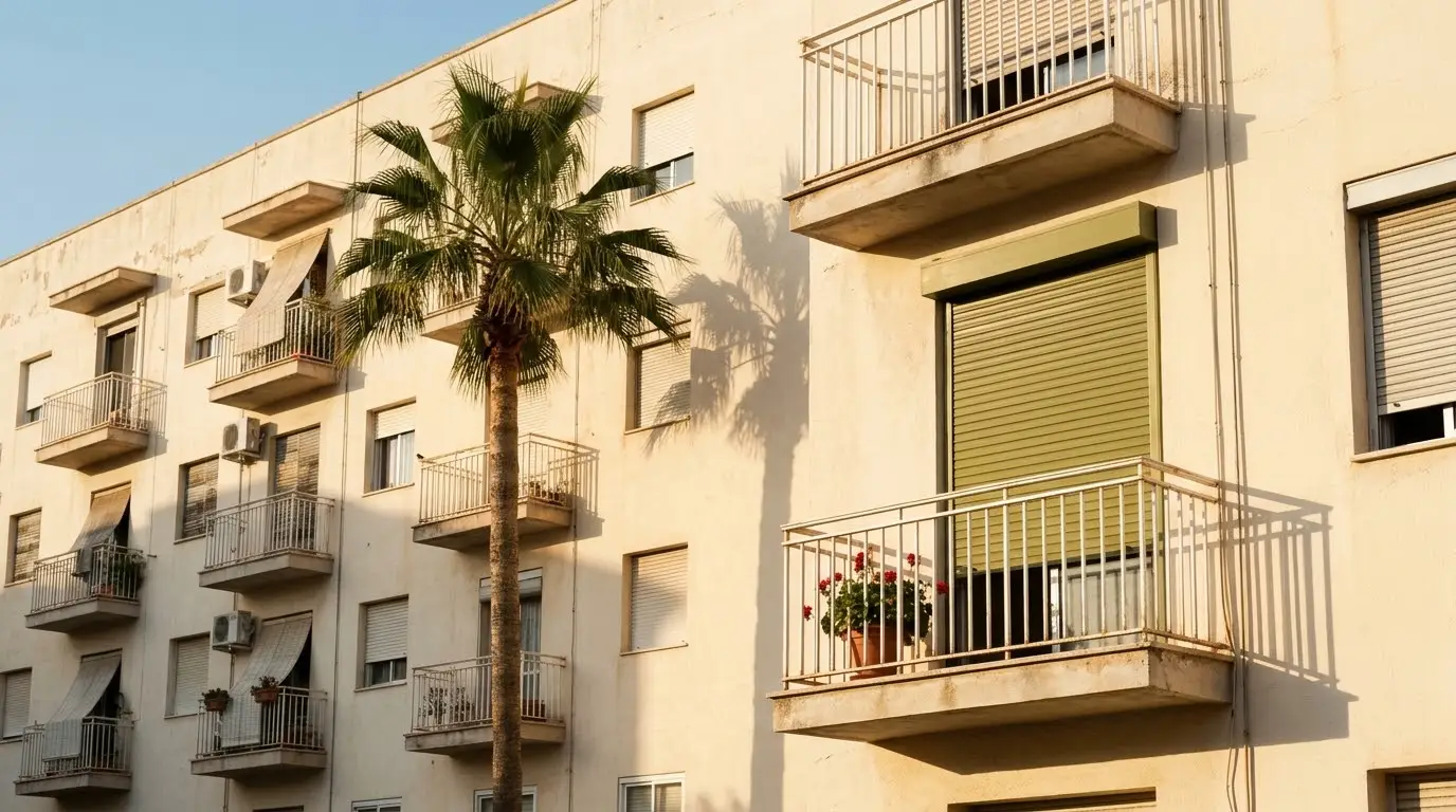 Balcón de un piso de Alicante con la persiana enrollable a medio bajar y el sol de la tarde en la fachada