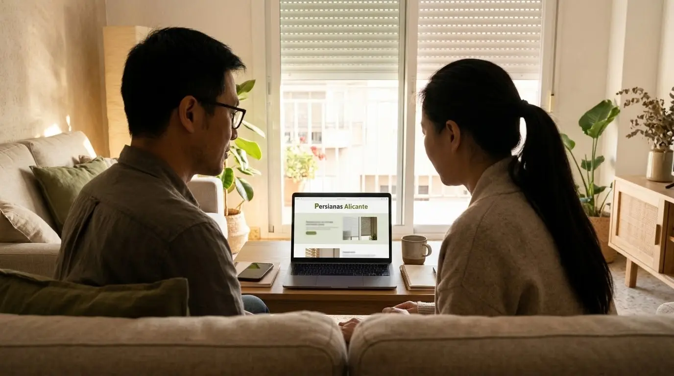 Pareja mirando en el portátil la web de Persianas Alicante sentados en el sofá de su salón