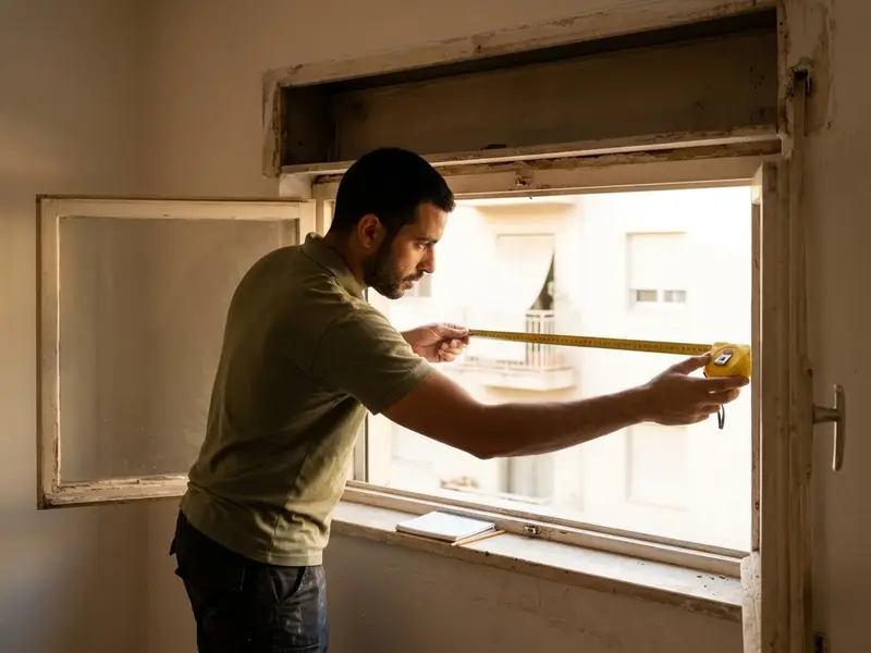 Persianista midiendo con un metro el hueco de una ventana para una persiana nueva