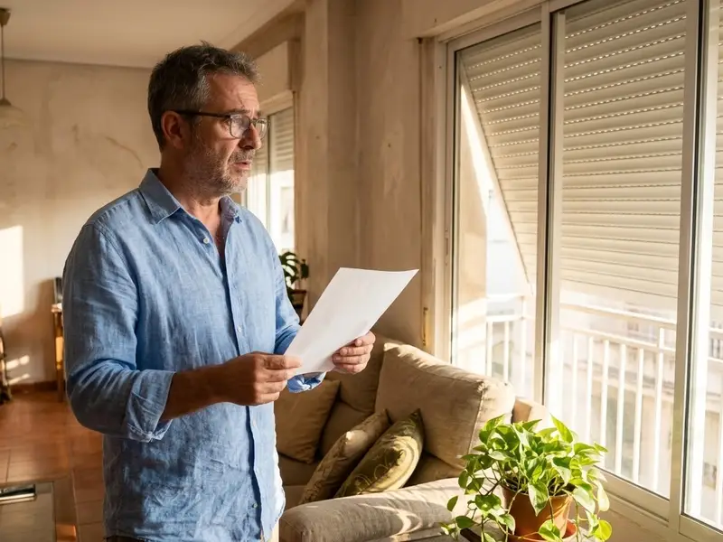 Hombre mirando una persiana de su salón con un papel en la mano antes de pedir presupuesto
