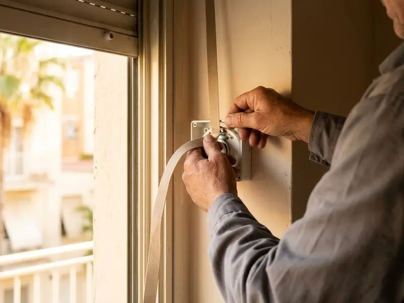 Manos de un persianista colocando una cinta nueva en el recogedor de una persiana junto a la ventana